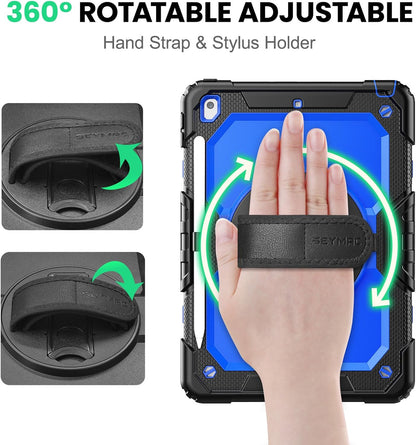 Case Ipad 9Th Generation Kids Ipad 10.2 Case 2021, Full-Body Shock Protective Ipad 7/8/9 Case with Screen Protector Rotating Hand Strap Stand for Ipad 10.2-Inch 9Th/8Th/7Th Gen, Black/Blue